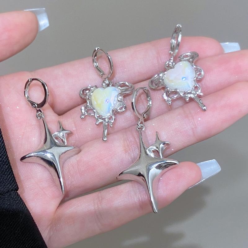 Simple Silver Color Star Earrings For Women Girls Opal Stone Heart Hoop Earrings Punk Y2K Cute Daily Wear Jewelry Party Gifts
