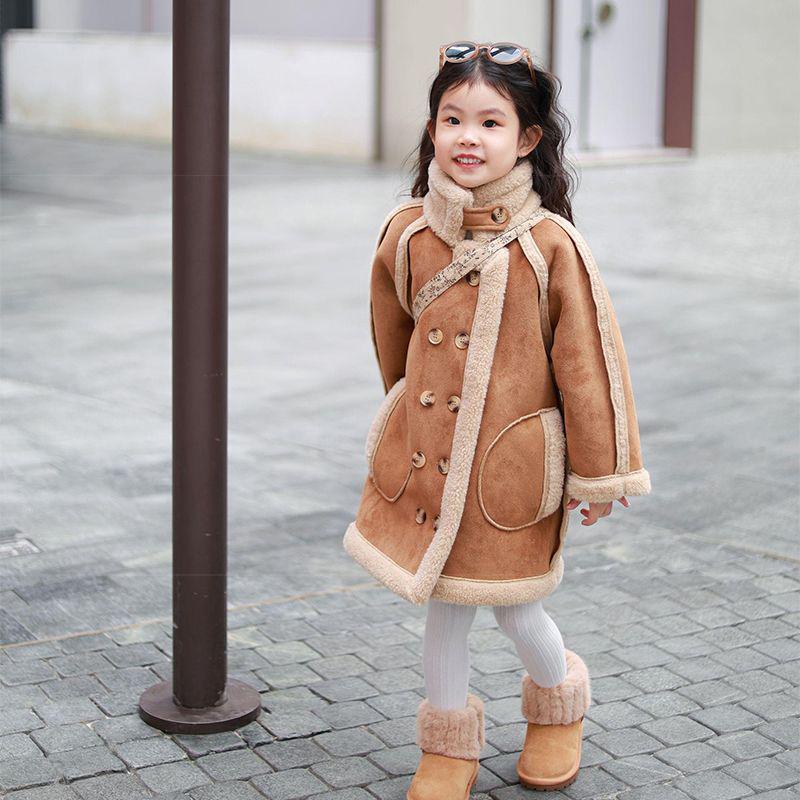 Big Girls' Faux Fur Long Woolen Coat - 2025 Autumn/Winter Style with Fleece