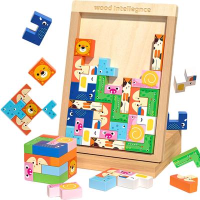 Bajoy Montessori Educational Wooden Tetris Jigsaw 3D Building Brain Memory Spatial Ages and Educational Toy for Elementary School Girls and Birthday