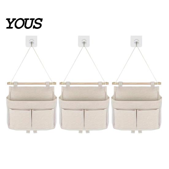 Dorm Room Essentials for Students Wall Hanging Storage Bag with 3 Pockets, Cotton And Linen Waterproof Organizer Bedroom Pouch, Over The Door