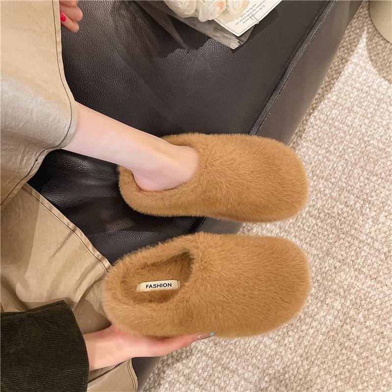 Kaninchenfell Französische flache Tasche Kopf flauschige Hausschuhe für Damen zum Tragen 2025 neue Herbst- und Winter-Ein-Pedal-Samt-Baumwollhausschuhe