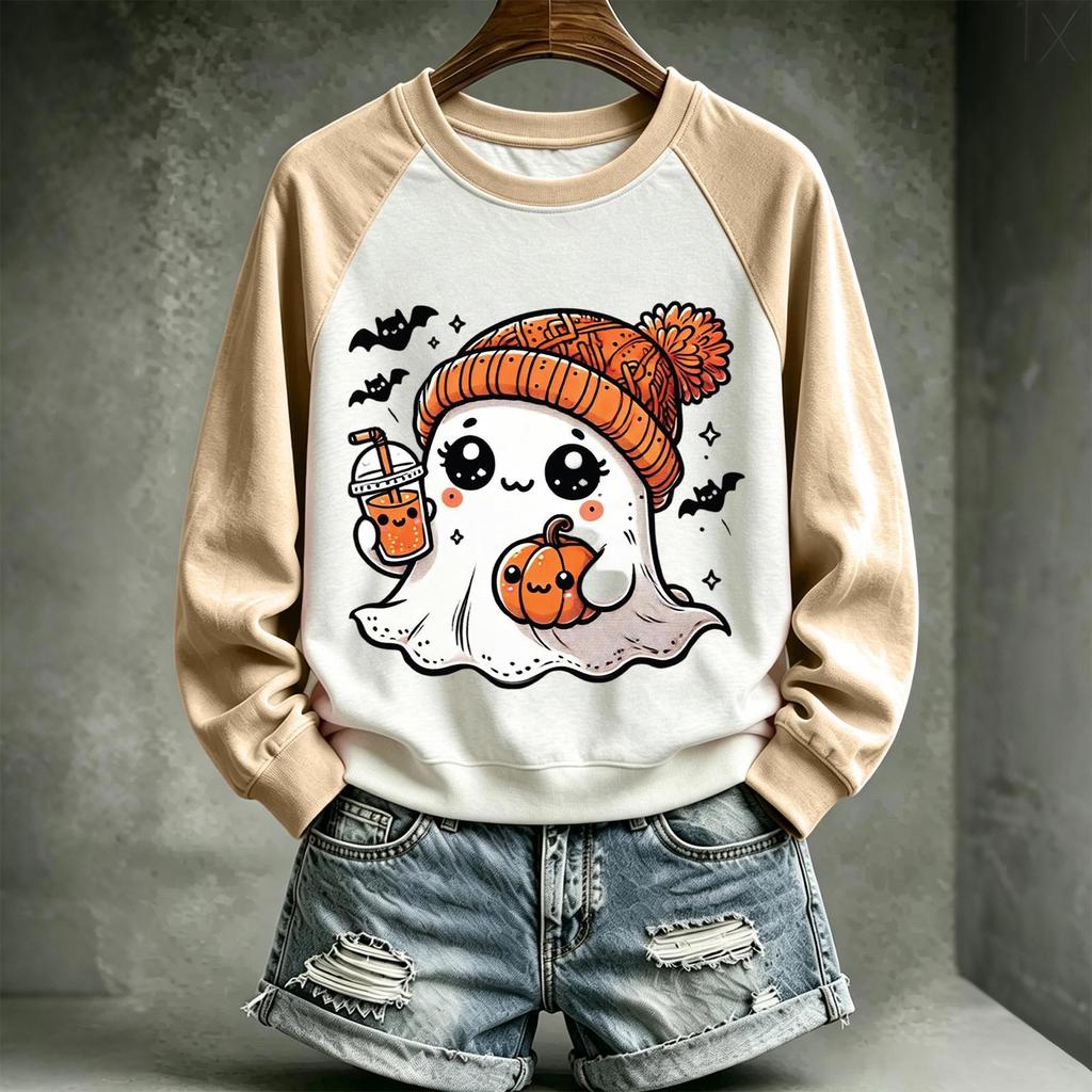 Women's Halloween Printed Neck Pullover Sweatshirt with Cute Design for Holiday