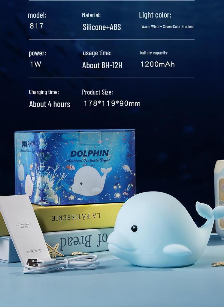 Dolphin Rechargeable Two-Speed Silicone Night Light with Remote for Kids