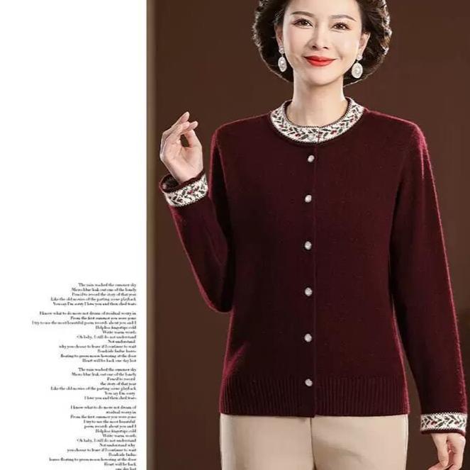 Autumn Winter Women's Round Neck Embroidered Cardigan Sweater Thickened Loose Knit Cardigan