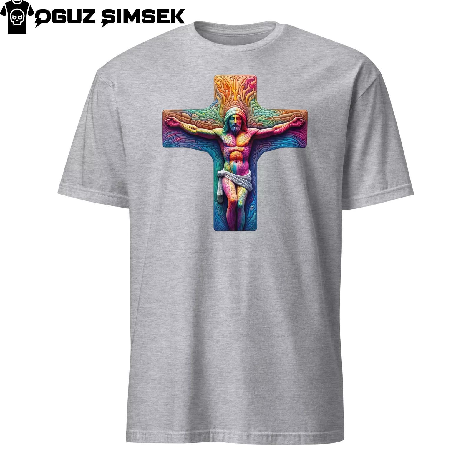 Colorful Jesus in Crucifix T-Shirt Mens Womens Tees Top - Unisex Short Sleeve Christian Art Tee S