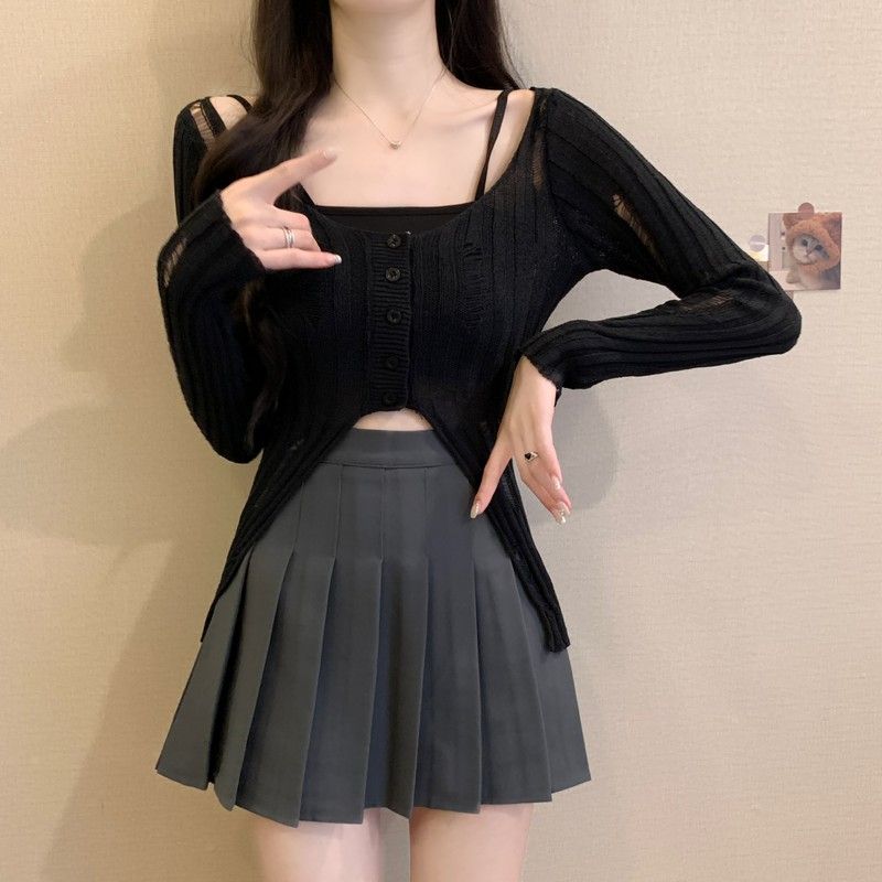 Gray Ripped Split Long Sleeve Knit Cardigan Women's Summer Thin Slightly See-Through Slim-Fitting Stylish Niche Top