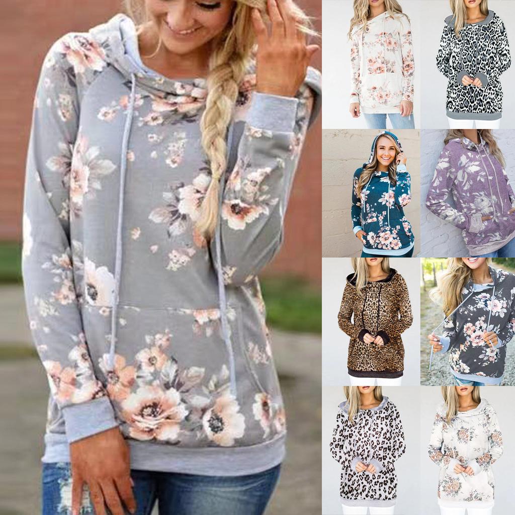 Women's Fashion Printed Hooded Long Sleeve Loose Tops Blouses Sweater