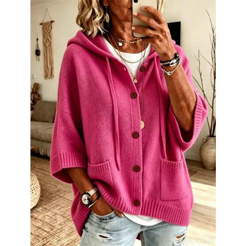 Women S Button Knit Hooded Cardigan Sweater Solid Color Casual