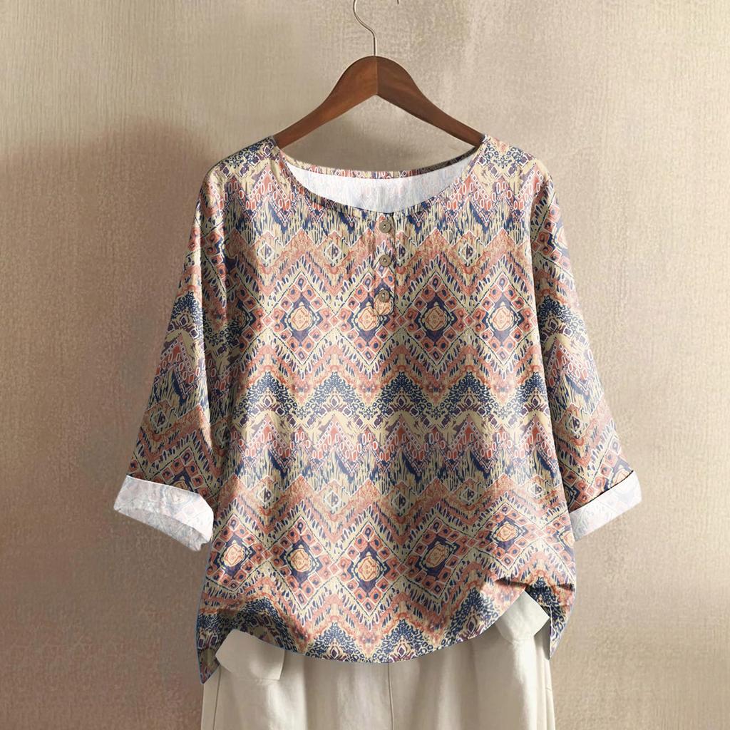 Women's Casual Three-quarter Sleeve Round Neck Gradient Color Printed Cotton And Linen Top