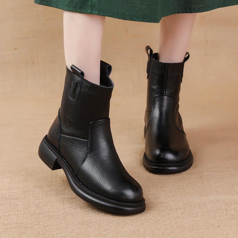 Winter Platform Snow Boots for Women Warm Fur Lining Low Chunky Block Heel Ankle Booties Shoes Women's Leather Non-Slip Walking Chelsea Short Boot