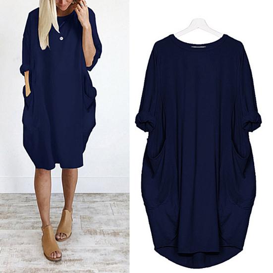Plus Size Casual Solid Color Women Long Sleeve Loose Midi Dress with Pockets