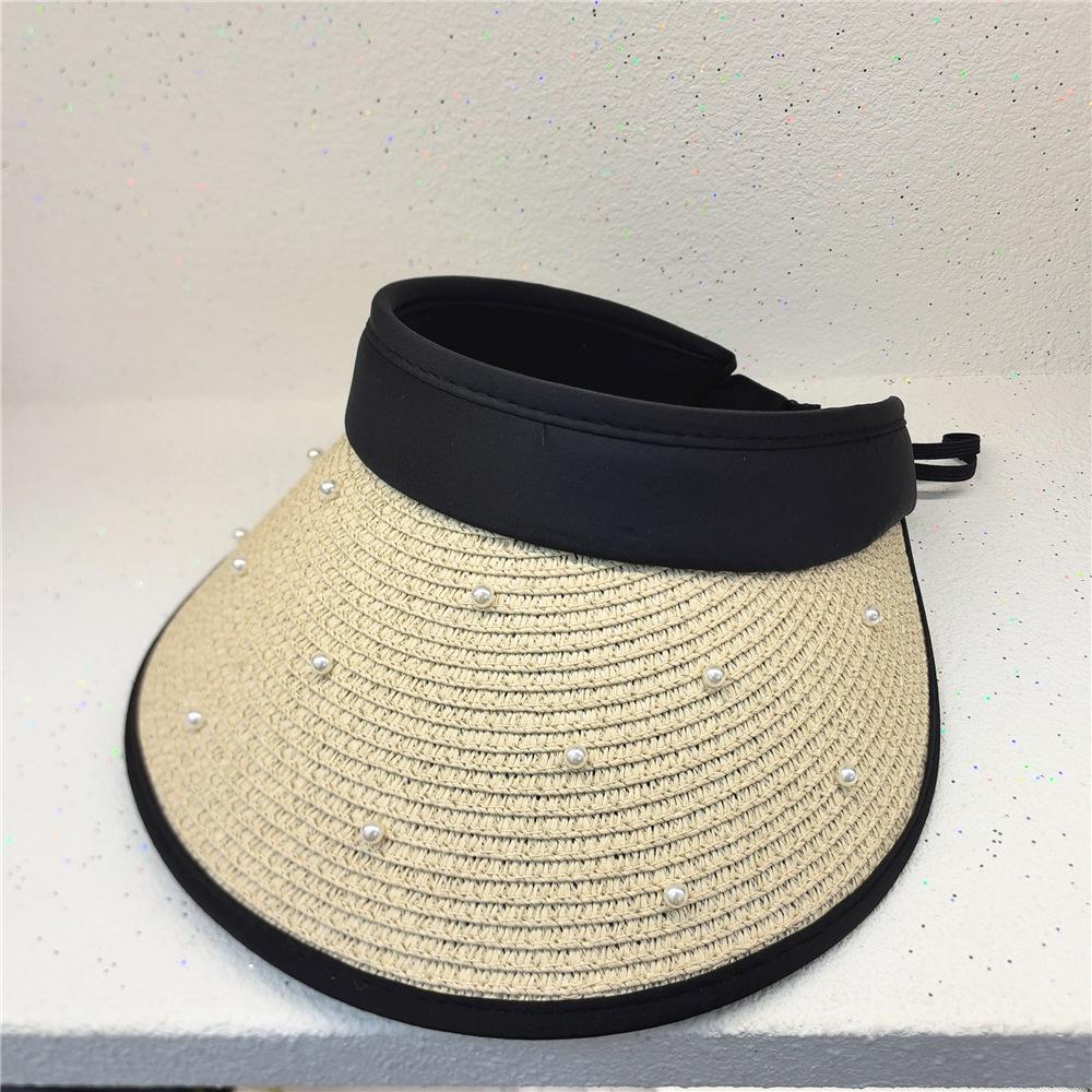 Summer outdoor sunscreen hat children fashion high sense pearl large brim straw hat seaside beach sunshade empty top hat