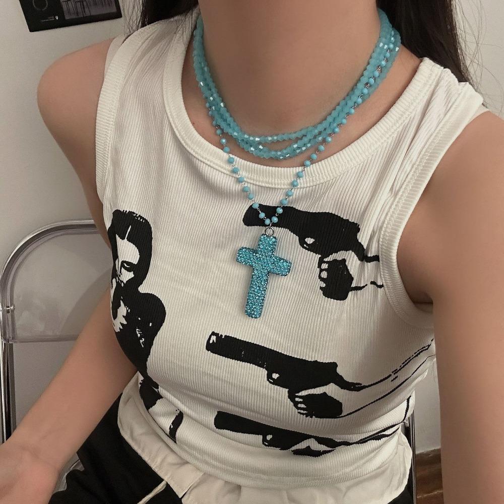 Y2k Fashion Dopamine Colored Full Crystal Cross Pendant Geometric Multi-layered Beaded Necklace for Women Hot Girl Jewelry Gifts