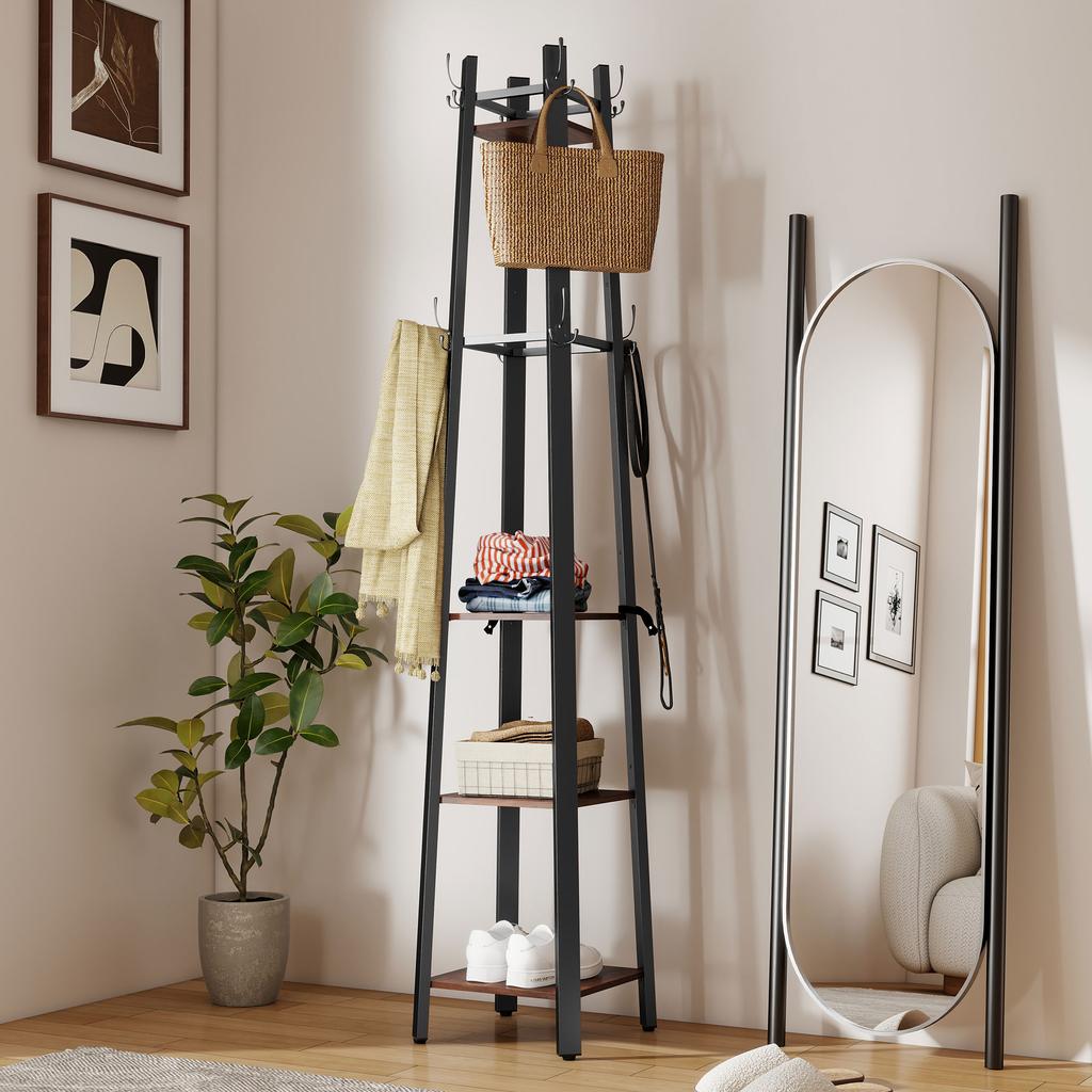 Coat Rack with 4 Levels, Free-Standing Clothes Stand, 8 Hooks, 4 Shelves, Industrial Style, Metal, Chipboard, Brown