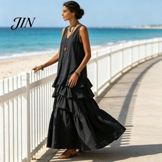 Casual Dress Women Women's Sleeveless Summer Long Tank Dress, V Neck Tiered Flowy Layered Skirt Ruffle Maxi Loose Beach Sundress Breathable