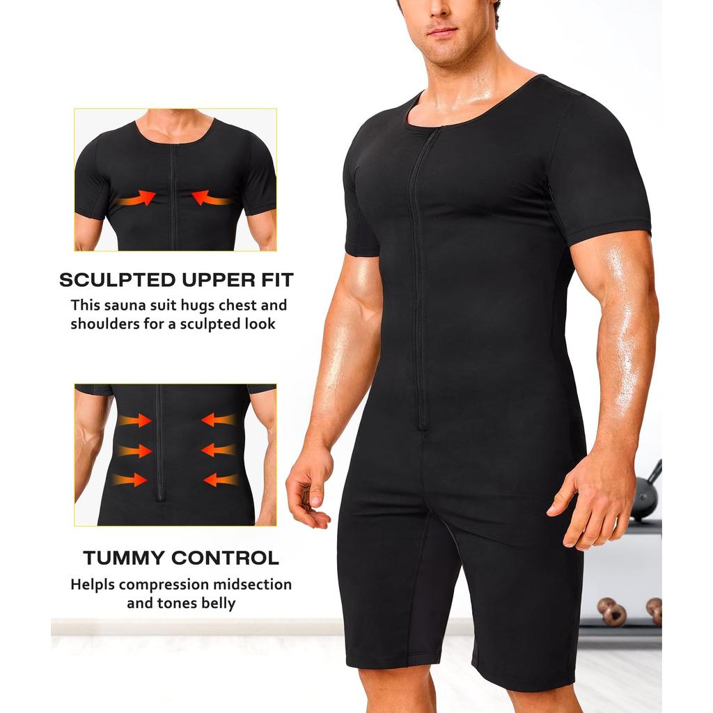 Sauna-Anzug für Herren 3 in 1 Ganzkörper-Formformer Taillentrainer Schweißshirt Kurzarm Trainings-Top mit Shorts Schlankmachender Jumpsuit Fitness-Leotard für das Fitnessstudio