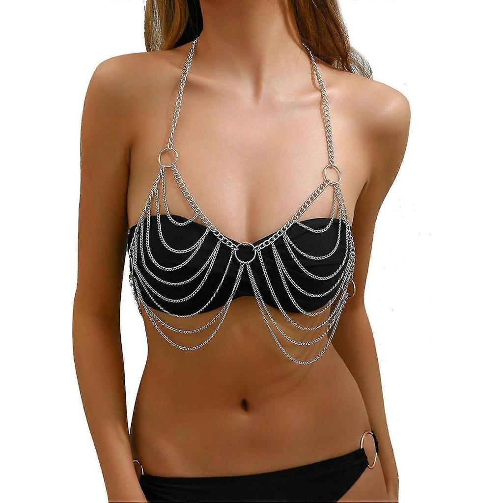 Punk Link Chain Bra Jewelry Bikini Metal Tassel Chest Body Chain Summer Beach