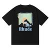 2023 Cross-border European and American tide brand RHUDE micro-standard sunset coconut tree racing printing short-sleeved t-shirt men's and women's 