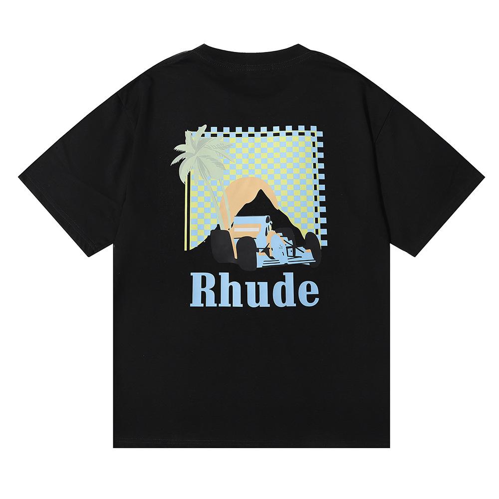2023 Cross-border European and American tide brand RHUDE micro-standard sunset coconut tree racing printing short-sleeved t-shirt men's and women's 