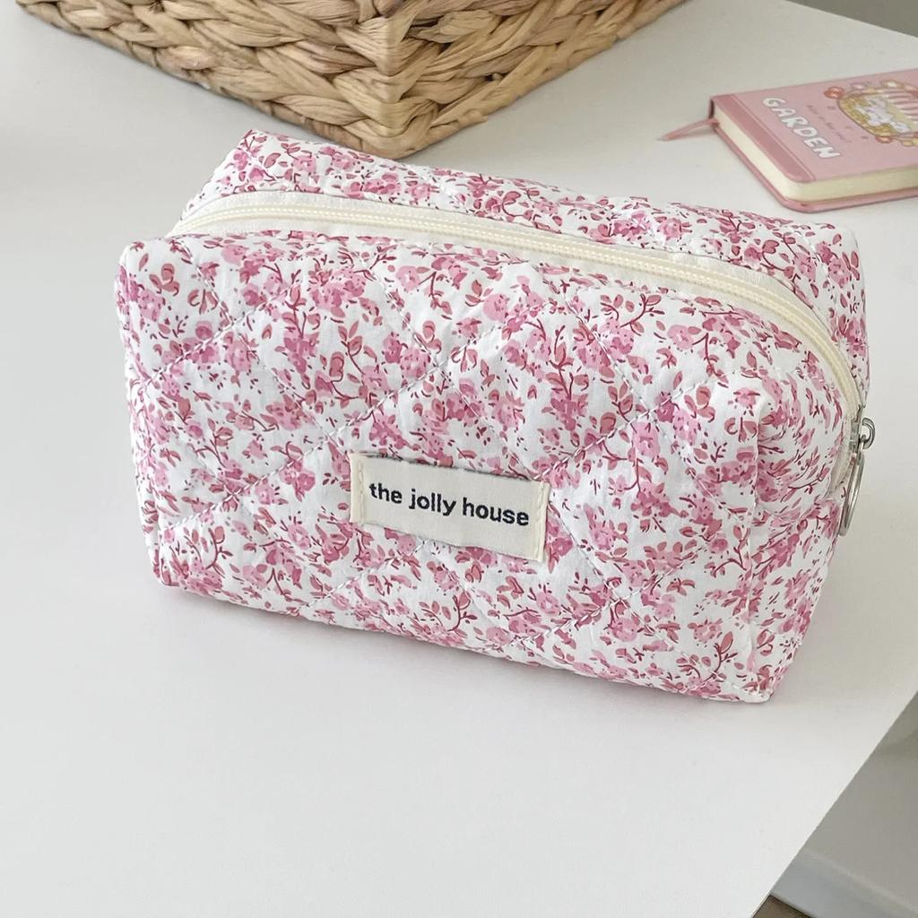 Modischer Aufbewahrungs-Organizer mit Blumenmuster, geschwollen, gesteppt, Make-up-Zubehör, Kosmetiktasche, Kulturbeutel, Handtasche mit Blumendruck