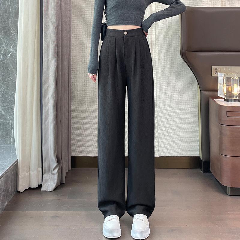 Textured Slim-Fit Wide-Leg Pants Women High-Waisted Straight Cut Drapey Trousers Casual Women's Pants