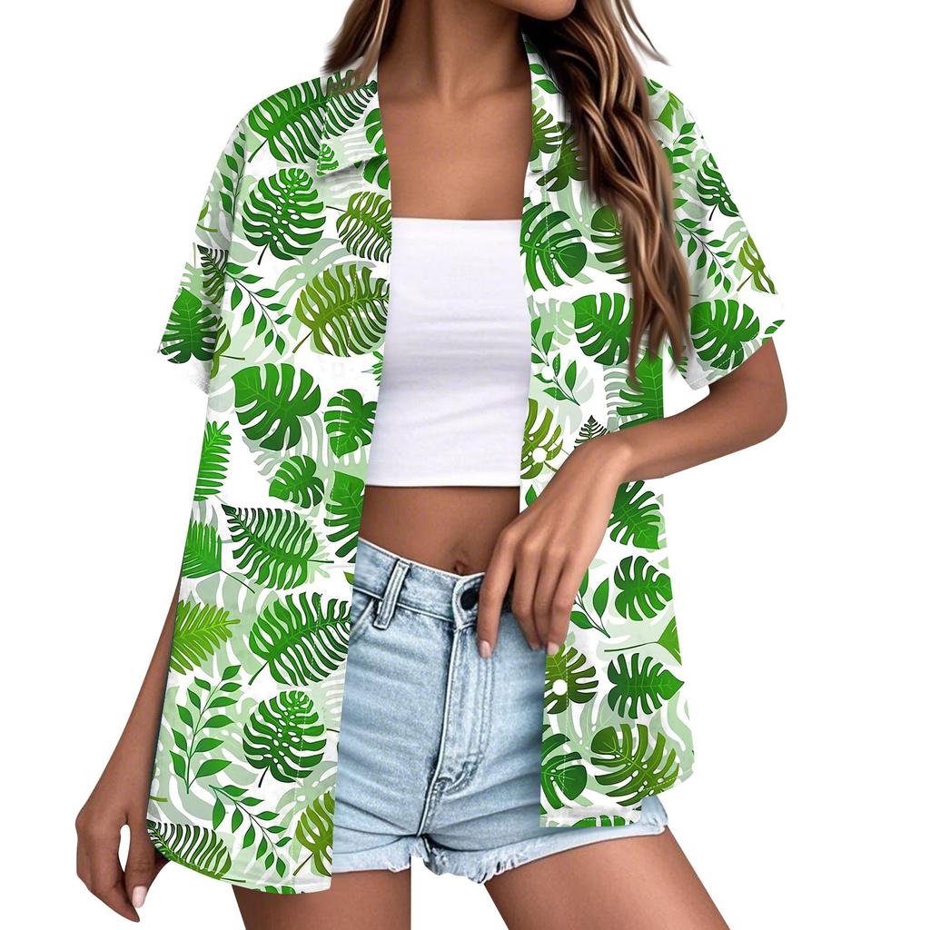 Moda Donna Casual Hawaiana Stampata Manica Corta Abbottonata con Risvolto Blusa Top