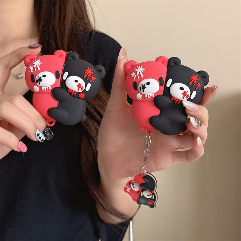 For Airpods 4 Pro 3 Pro 2 Pro Earphone Case 3D Edgy Pink Bloody Hug Bear Soft Silicone Cartoon Headphone Box Cover