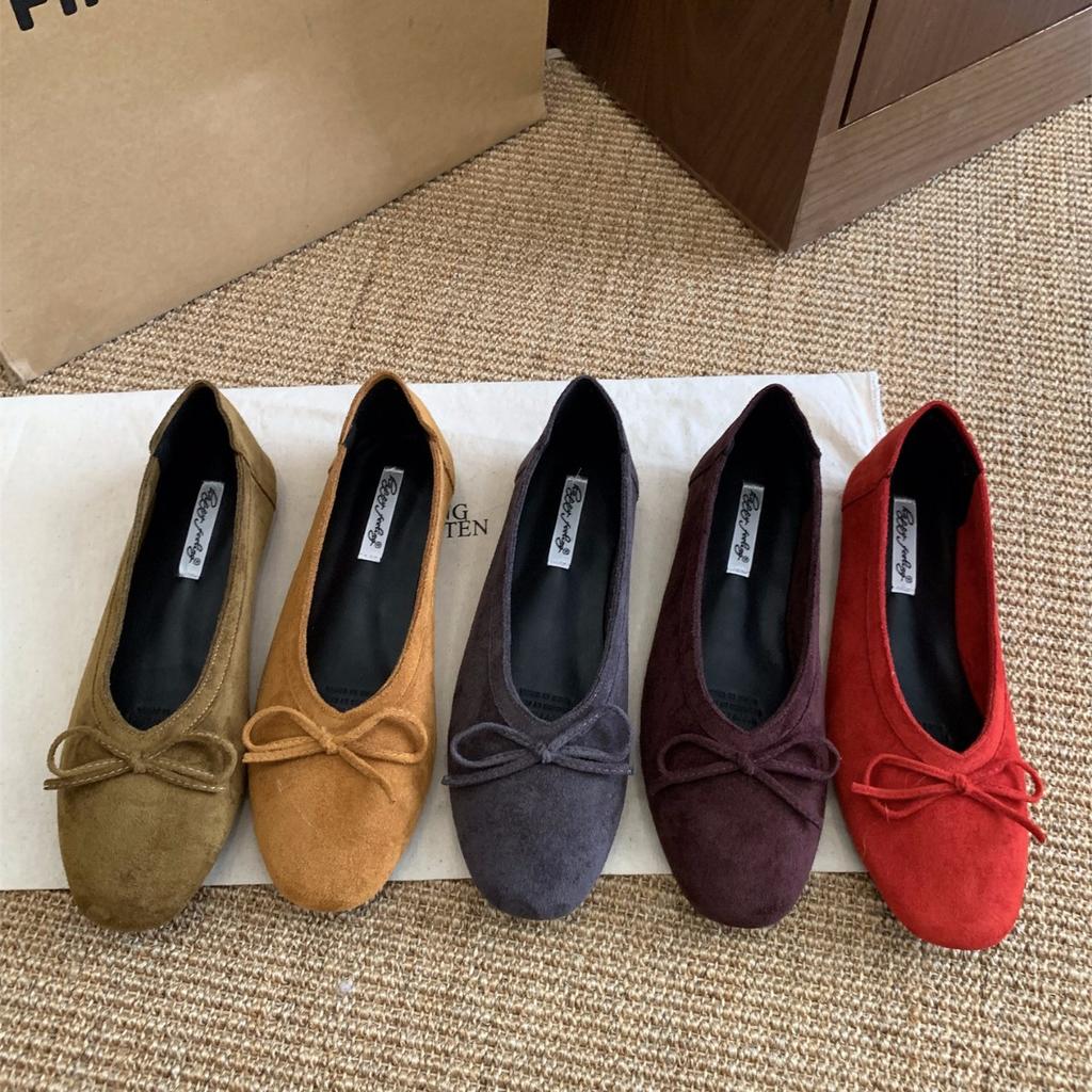 Vintage suede bow black commuter single shoes women's shoes 2025 autumn ballet flat French evening shoes