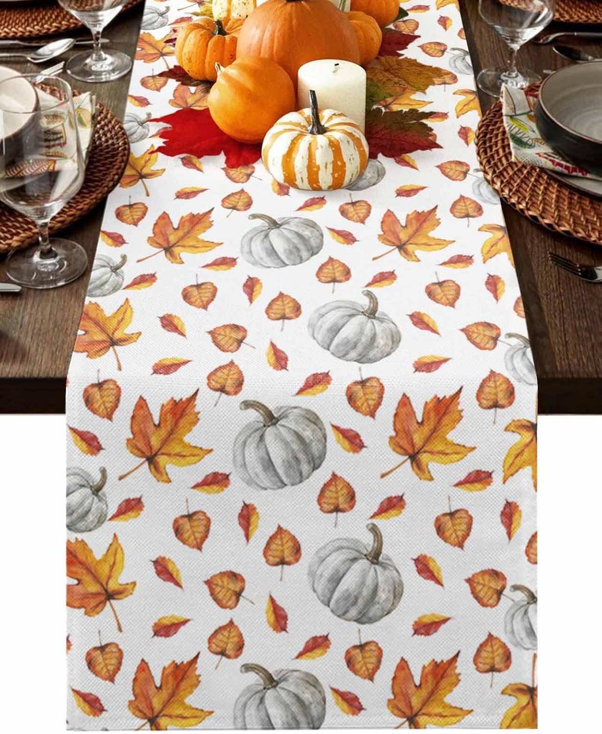 Citrouilles d'Automne Feuilles d'Érable Chemin de Table en Lin Décoration de Fête de Fête Automne Action de Grâce Chemin de Table pour Table de Cuisine et Salle à Manger Décor d'Automne 150x33cm