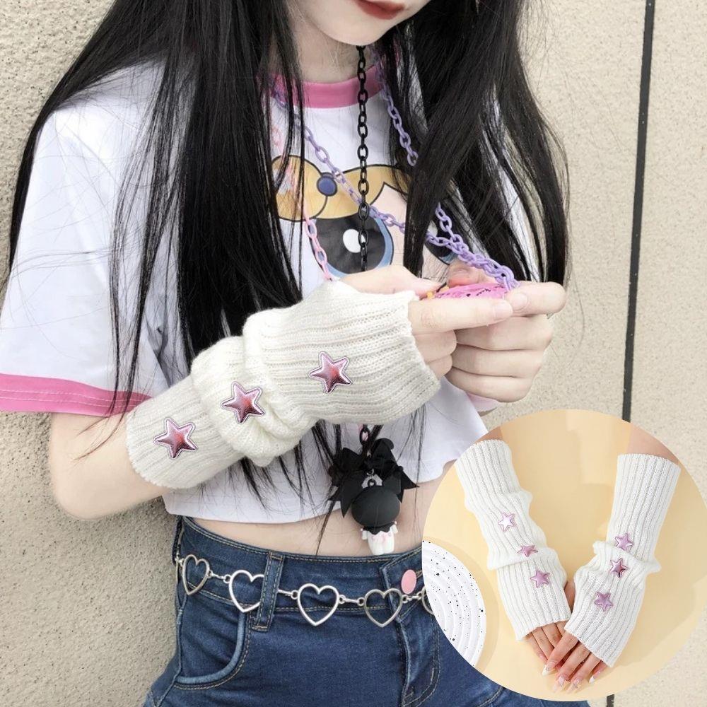 Y2k Fingerless Gloves Women Winter Warm Arm Sleeve Knitted Star Decoration Mitten Casual Long Wrist Mittens Punk Gothic Gloves