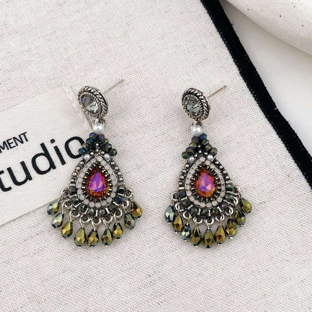 Ethnic Style Retro Czech Diamond Crystal Fringed Earrings Femininity Personality Silver Needle Earrings Niche High-end Earrings