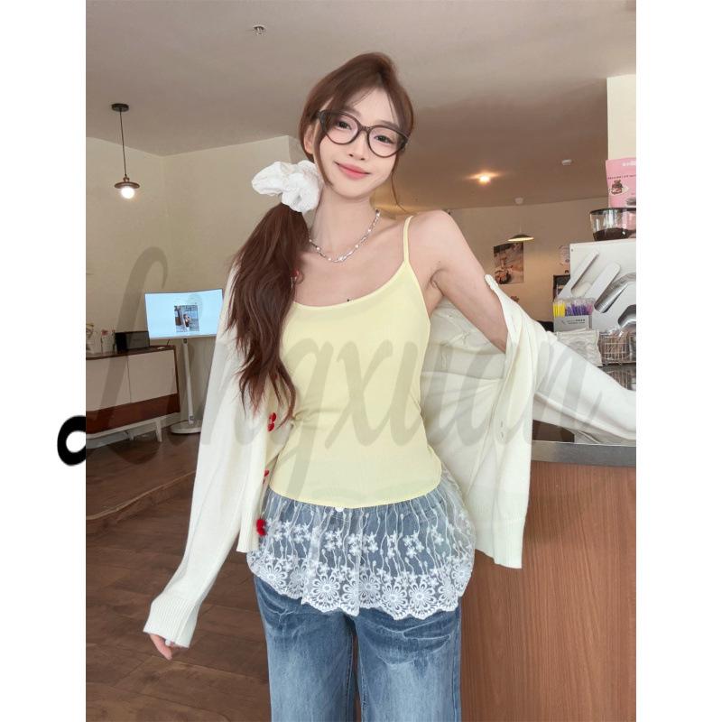 Summer Korean Color-Block Lace Trim Ballet Style Sweet Camisole Top