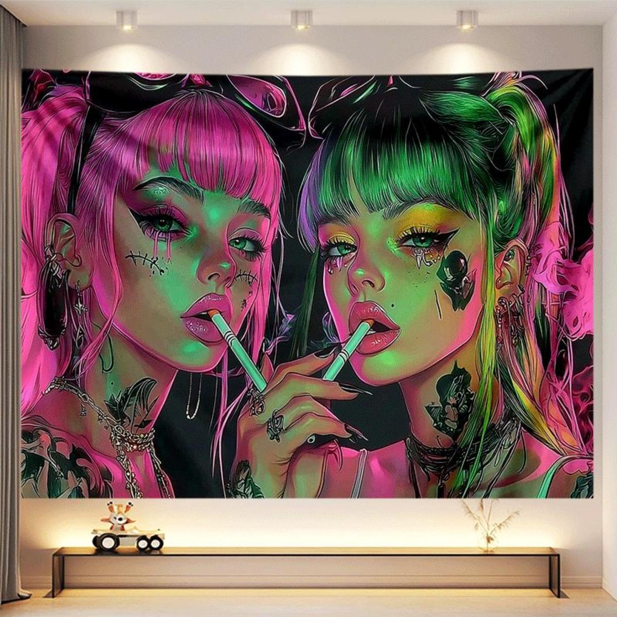 

VIKAMA Cyberpunk Neon Dual Female Protagonists Tapestry Living Room Sofa Backdrop Wall Art Room Decor 74x94cm(29x37in)