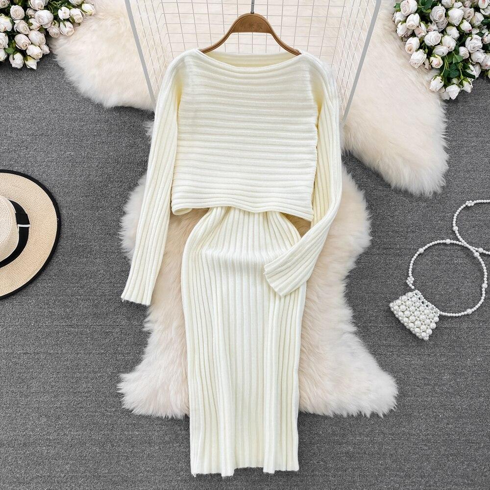 

Осенне-зимний стиль, темпераментный короткий свитер-куртка с круглым вырезом + платье-футляр на бретелях, комплект из двух предметов One Size белый