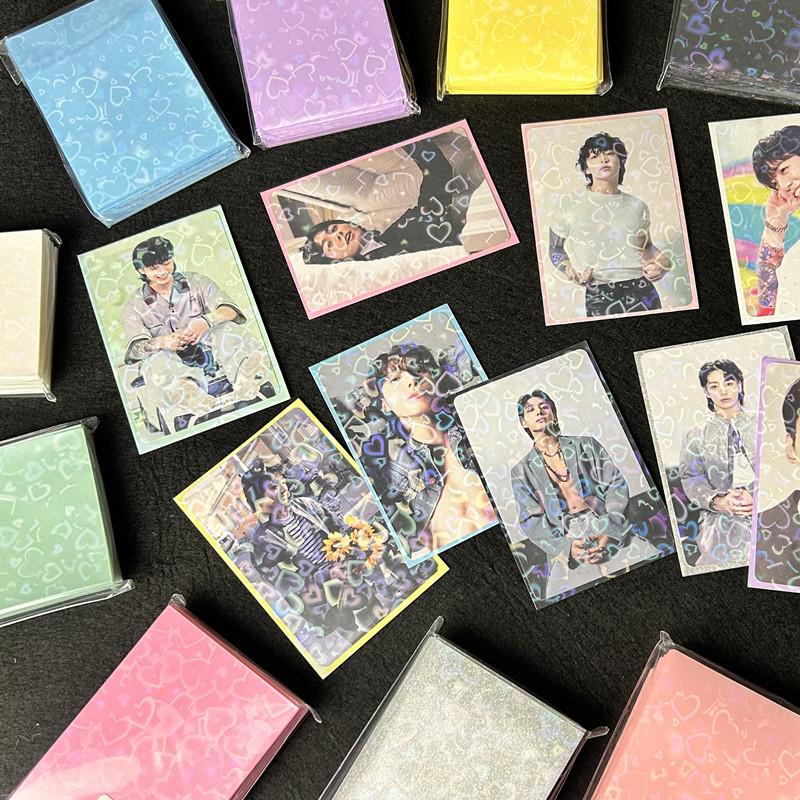 50pcs/lot 61*91mm Heart Love Laser Flashing Card Sleeves Protector For Photo Cards Holder Holographic Foil Protective Films