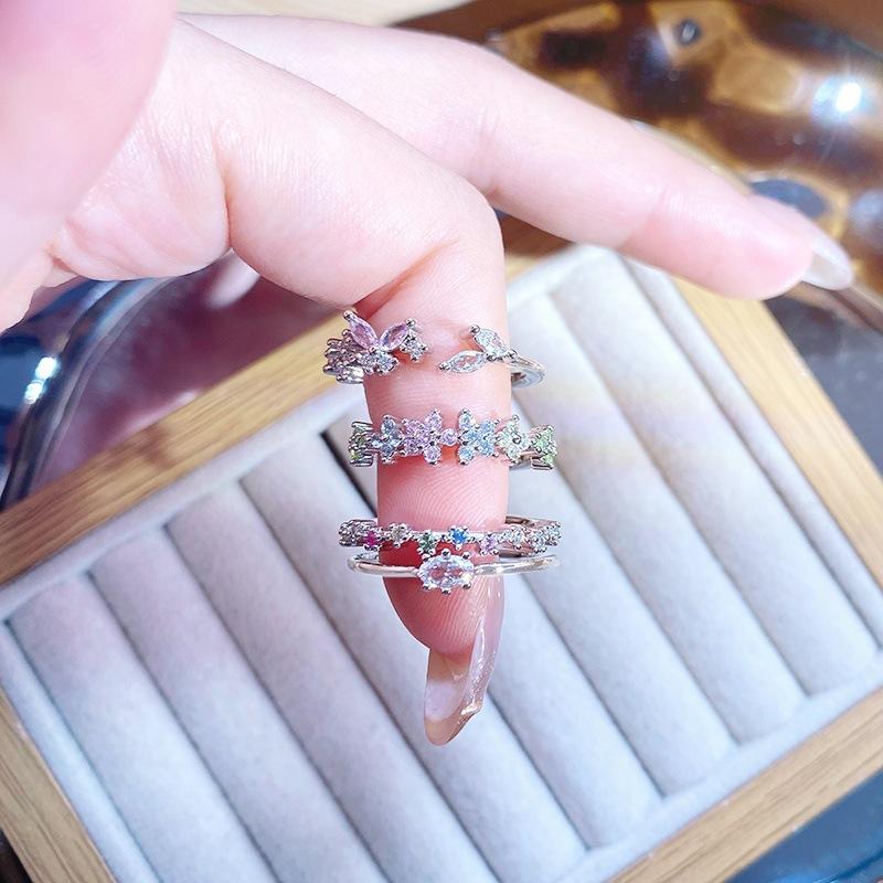 Dopamine Colored Treasure Zircon Row Diamond Super Fairy Opening Ring Light Luxury High Sense Student Party Index Finger Ring Niche Ring