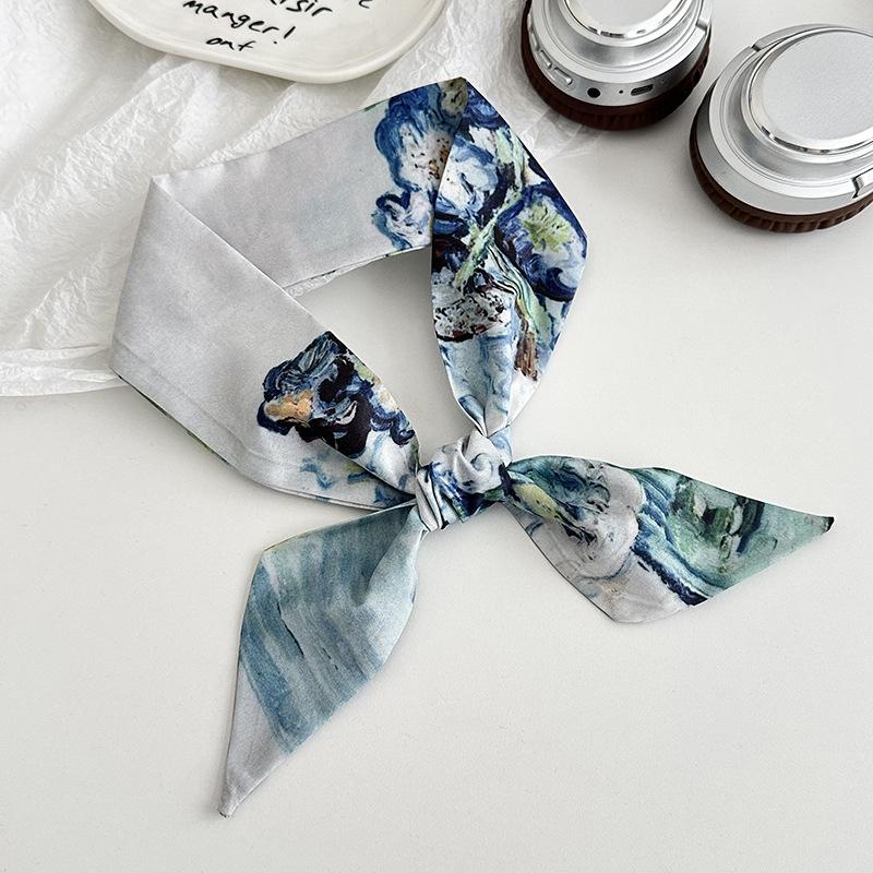 Blue silk scarf, long strip, new fashion, oil painting style, bow, headband, braided hair, tied bag, streamer, multi-purpose waist silk scarf.
