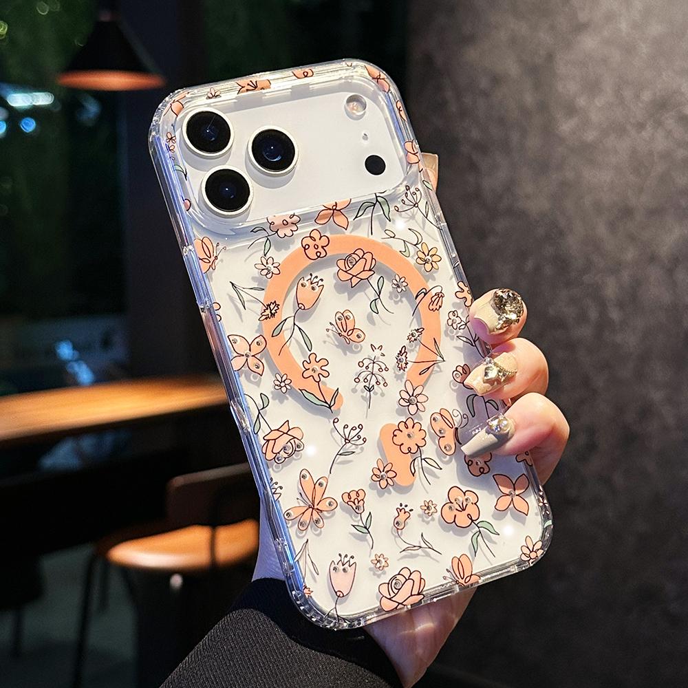 

Floral Print For Magsafe Phone Case For iPhone 17 16 15 14 Pro Max 13 Magnetic Wireless Charge Shockproof Hard Back Cover iPhone 13