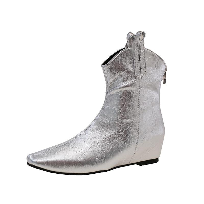 

Retro square head V-mouth inner heightening Chelsea boots women s 2025 new fashionable flat-bottomed pleated thin boots 35 срібний