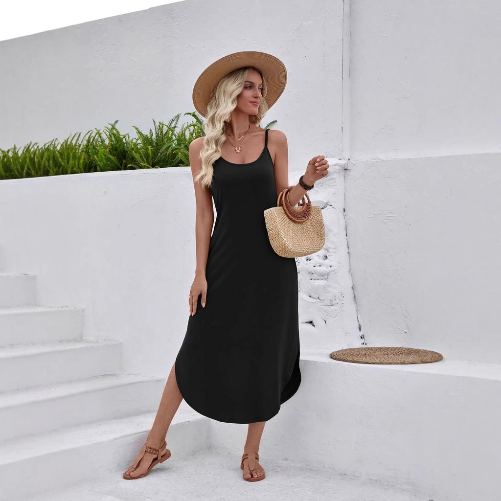 women's Casual U-Neck Spaghetti Strap Maxi Dress Loose Fit Solid Color Beach Sundress