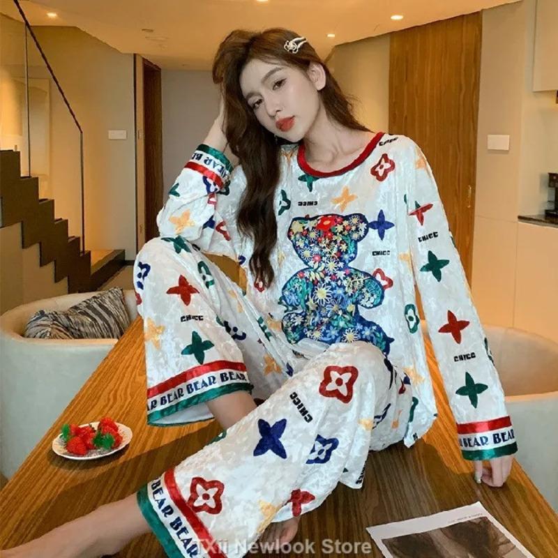 

Осень-зима новый цветной медведь золотистый пижама женский комплект корейский бархат волосы брюки домашняя одежда круглый вырез 2XL