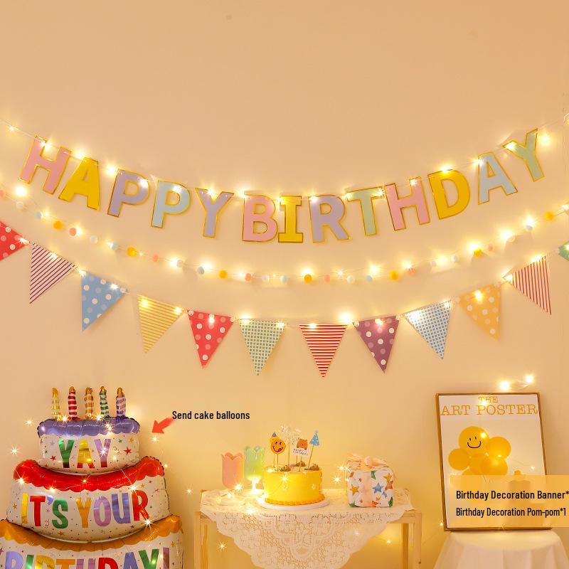 First Birthday Party Hanging Decoration: Happy Birthday Banner with Pom Poms and Bunting for Kids.