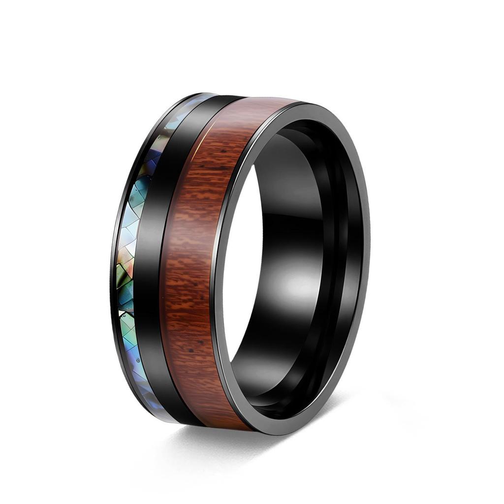 European-American Wood Grain Abalone Shell Titanium Steel Ring - Luxury Men's Tungsten Carbide Jewelry.