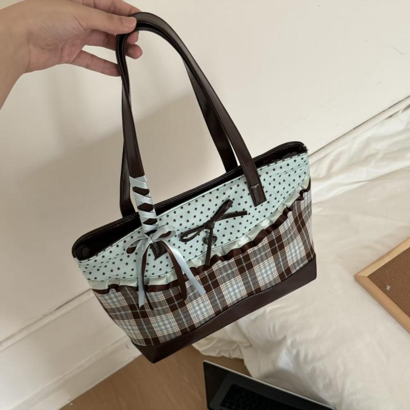 Bolso de Mano Patchwork Color Verde Menta Chocolate Coreano Bolso Tote de Lona a Cuadros para Mujer Lunares Lazo Dulce Encaje Bolso de Hombro de Capacidad