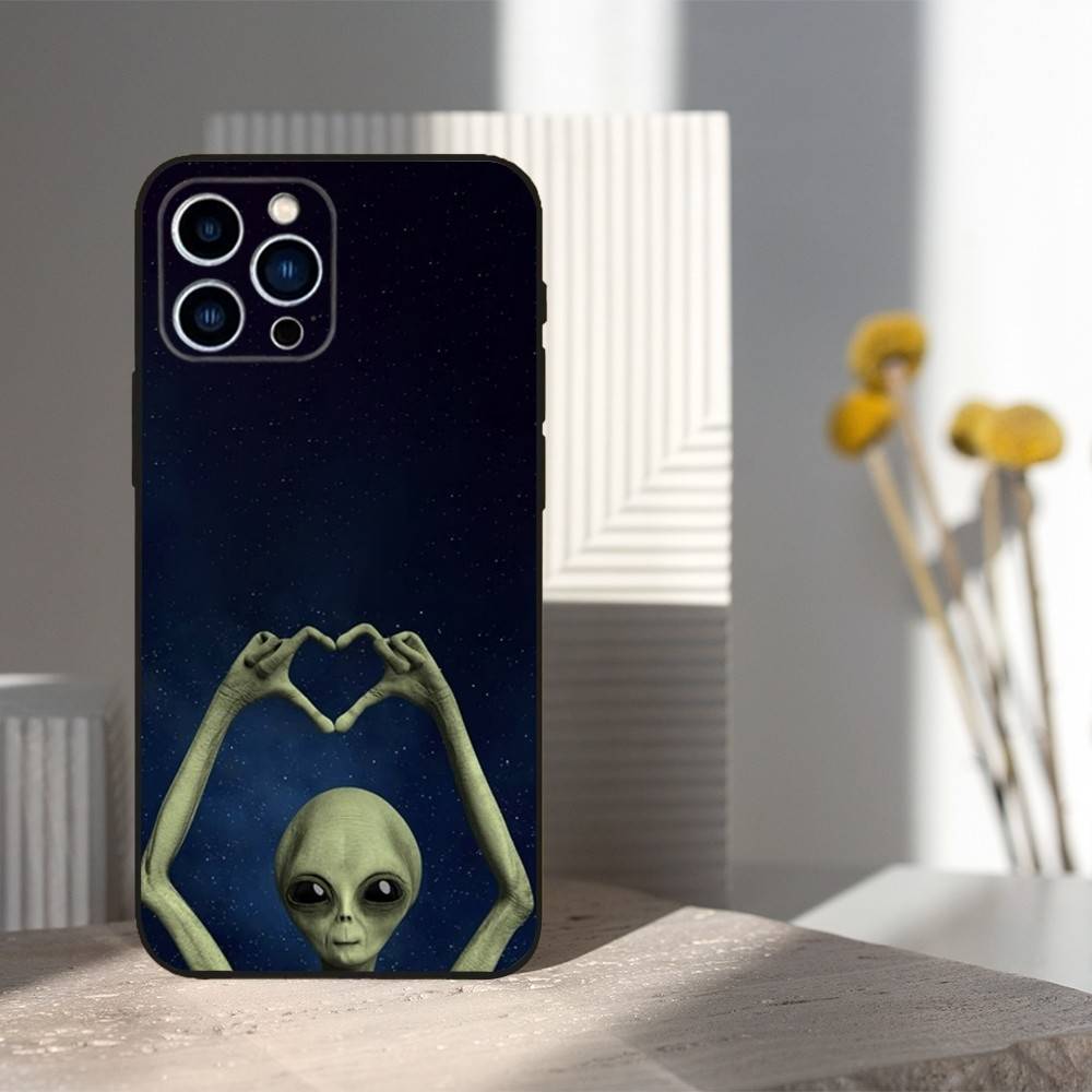 Space Art UFO Alien Thing Phone Case For iPhone 16,15,14,17,13,12,11 Plus,Pro Max,XS,X,XR,SE,Mini,8,7,Soft Silicone Black Cover