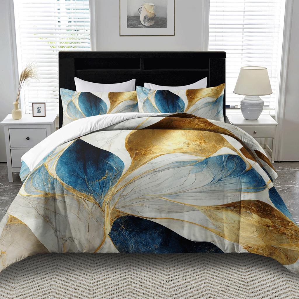 Leaf Theme Duvet Cover Set - 2/3pcs, Soft Comfortable Breathable, Botanical Print Bedding Set, Golden Leaf Print Duvet Cover Set