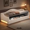Tapicerowana sofa dzienna 90x200 ze paskiem LED i schowkiem pod spodem, Beżowa