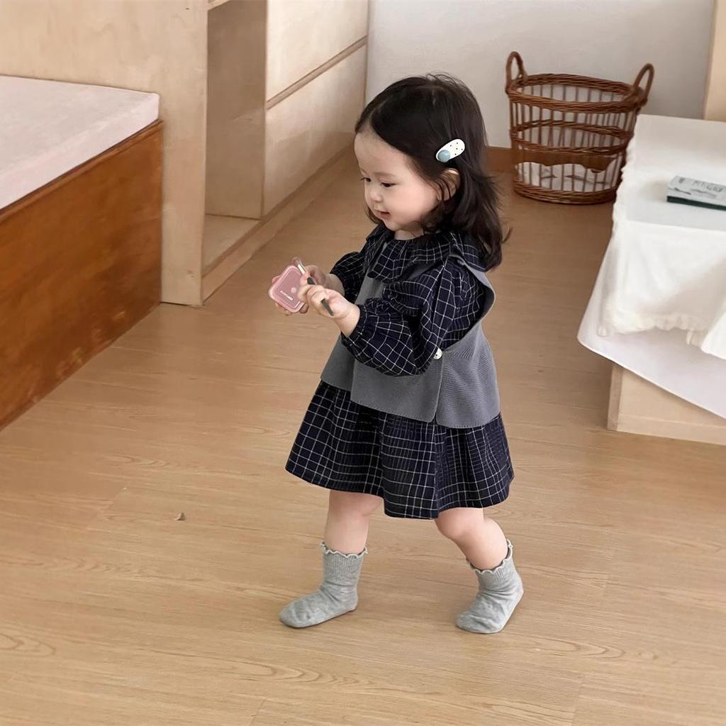 New 2025 Korean Style Plaid Dress Set for Baby Girls - Autumn Collection