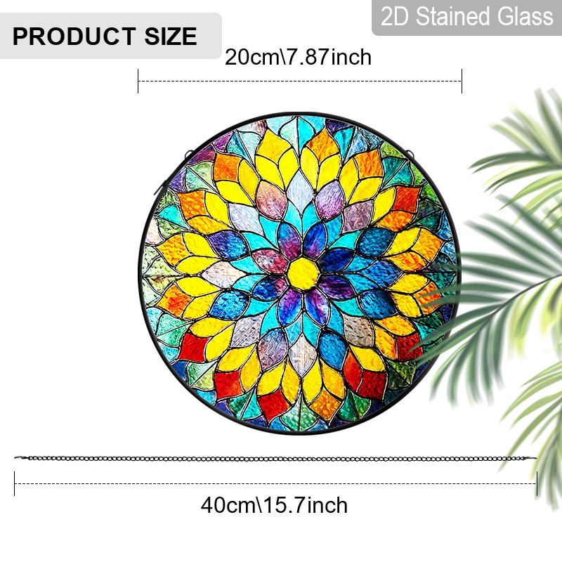 2D Flat Stained Glass Rainbow Mandala Window Decoration, 6.3/7.87inches Colored Glass Plate with Chain, Charming Indoor/Outdoor Sun Catcher Home
