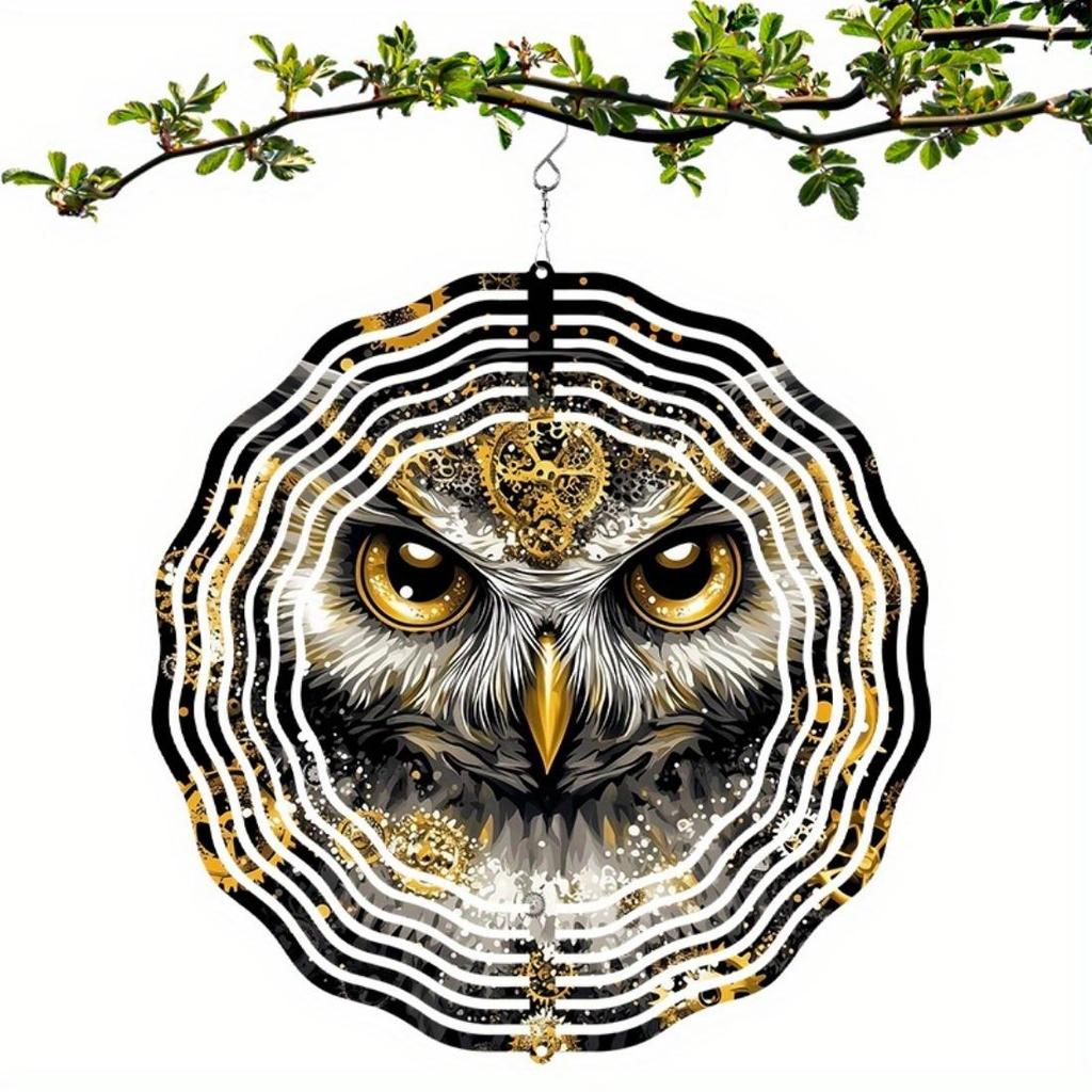 Elegant Owl Wind Spinner - Luxurious Golden & Black Metal Garden Sculpture, 3D Outdoor Decor with Intricate Feather Patterns, No Power Required
